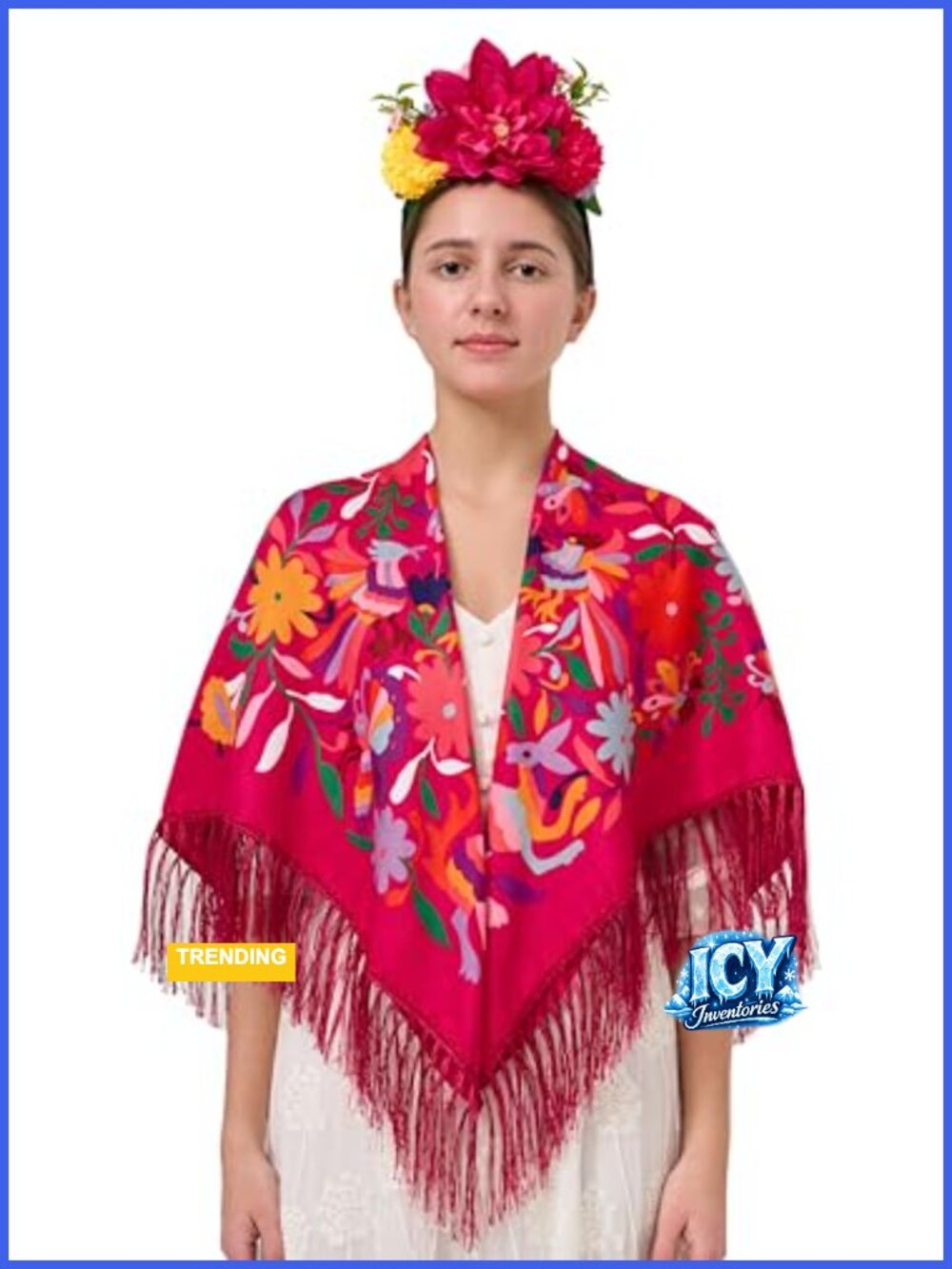 2-Piece Mexican Shawl & Floral Headband Set, Tassel Wrap, Frida Style